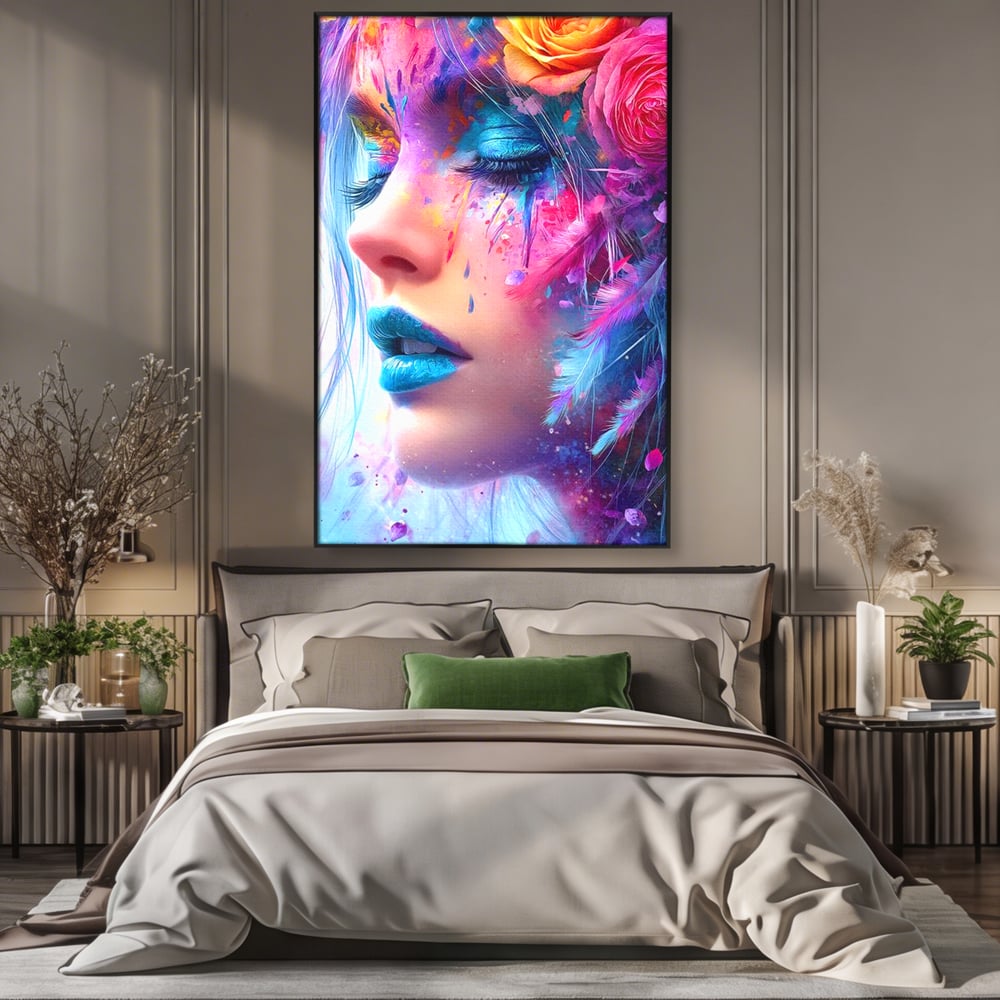 Tablou canvas cu tablou canvas cu fata artistica si flori, in rama de aluminiu negru, pe perete intr-un dormitor